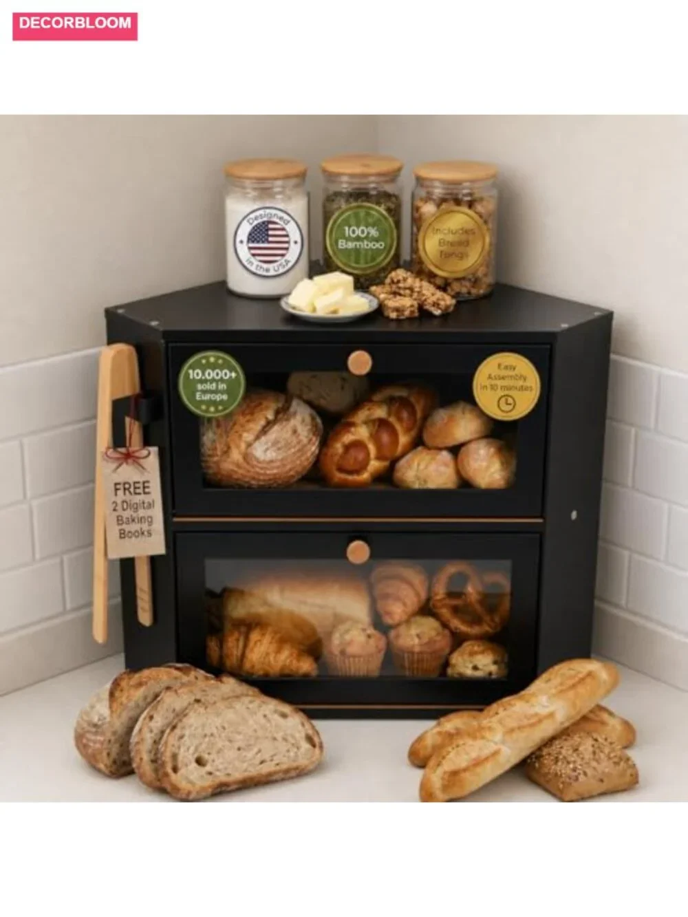 Bamboo Corner Bread Box Airtight Dual Compartments Magnetic Closures